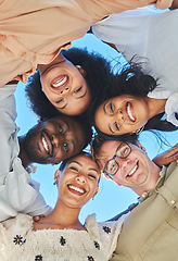 Image showing Trust, happy and friends portrait huddle for bonding, hug and summer fun together with smile. Adventure, freedom and happiness of excited young people in interracial friendship with low angle.