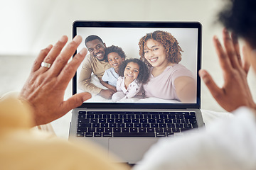 Image showing Laptop screen, video call and family, communication and love, grandparents wave with parents and children. Hands, face and care with technology and people with virtual chat, wellbeing and generations