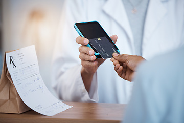 Image showing Pharmacy, hands and credit card payment for medication, medicine or pills in drugstore. Healthcare ecommerce, fintech and customer woman shopping for medical drugs with point of sale machine in shop.