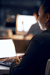 Image showing Laptop typing, night and business woman review article for media app, website database or social network mockup. Copywriting mock up, online blog editor and back of journalist editing fake news post