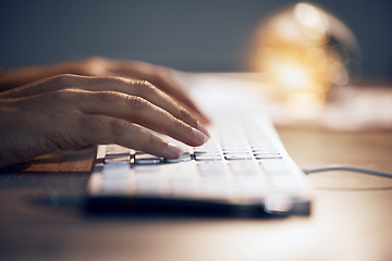 Image showing Computer keyboard, hands and office woman typing online data analysis, feedback report or customer experience insight. Brand monitoring software, social media research and person review web analytics