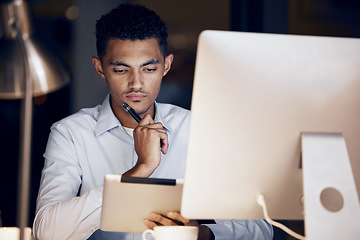 Image showing Tablet, night thinking and business man reading article for media ui app, website database or social network feedback. Brand copywriting idea, online editor focus or male journalist editing news post