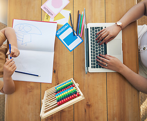 Image showing Work from home family learning from above with child writing, drawing or kindergarten development. Mother hands typing on laptop, remote job opportunity and research for kid knowledge or creativity