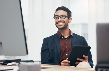 Image showing Business, man and employee with tablet, office and success with data analytics, profit growth and smile. Male entrepreneur, consultant and ceo with device, happiness and planning with online reading