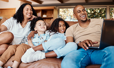 Image showing Laptop, happy family and kids with online video, movies or cartoon on couch on live streaming service, learning or bonding. Biracial mom, father and children watch film or show on computer and sofa