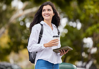 Image showing Student woman with tablet in park on coffee break walking to campus, university or college in carbon footprint. Young or happy person with drink for remote opportunity, outdoor nature and education