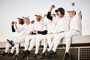 Image showing Baseball, team and winner with fist pump and happy men, athlete group and fitness collaboration with achievement. Teamwork, success and sports with excited male players outdoor, winning and champion