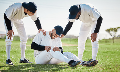 Image showing Baseball, team help and man with injury on field after accident, fall or workout in match. Sports, training and male player with fibromyalgia, inflammation pain or broken knee with friends helping.