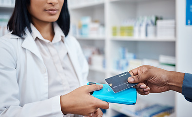 Image showing Credit card, hands and tap machine for retail, healthcare and people in pharmacy drug store with payment. Money, technology and shop for prescription medicine, health insurance and customer buying