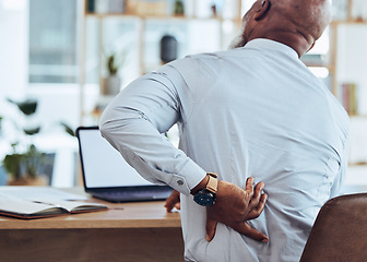 Image showing Back, pain and business stress of black man with muscle injury, health risk and fatigue in chair. Uncomfortable employee with spine problem, bad posture and injured body from anxiety, burnout or sick