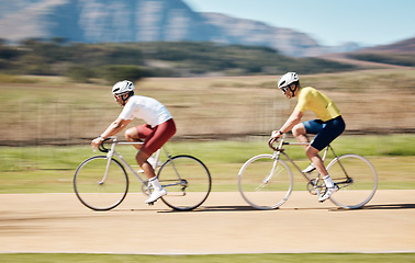 Image showing Men, cycling team and motion blur in nature, countryside and triathlon competition, sports and race. Cyclist friends, bicycle speed and action of energy, bike performance and travel on mountain path