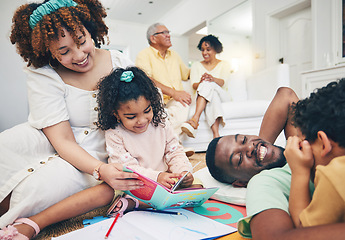 Image showing Education, parents or children reading books to relax on weekend together at home as a happy family. Smile, storytelling mother or dad relaxing or talking to creative kids siblings for development