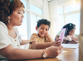 Image showing Education, mom or child learning shapes for kindergarten busy with homework or school project at home. Geometric, color or happy mother working or helping a creative boy student with development