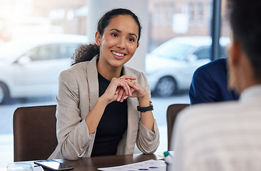 Image showing Job interview, happy and woman in office for business meeting, discussion and networking with candidate. We are hiring, smile and friend HR lady explaining hiring process, recruitment and our vision