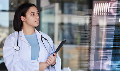 Image showing Doctor data, digital overlay and woman healthcare worker with hospital stats and analytics. Clinic, wellness and health research hologram with a female employee checking laboratory software results