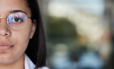 Image showing Mockup, healthcare and portrait of serious doctor for consulting, medical care and life insurance. Medicine, hospital and face of woman health worker with copy space, glasses and vision for wellness