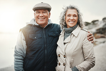 Image showing Portrait, love and senior couple hug, outdoor and happiness for relationship, vacation and getaway. Face, happy old man and mature woman embrace, outside and romance on holiday, adventure and journey