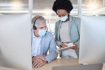 Image showing Covid, crm and black woman coaching man with tablet and mask at help desk or call center. Compliance, consulting and opinion, data or statistics for medical advisory agency with diversity and trust.