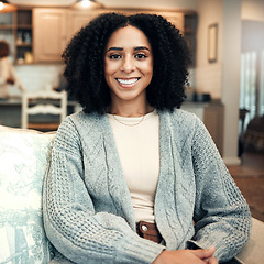 Image showing Happy, smile and portrait of black woman on sofa in living room for relax, break and satisfaction. Calm, happiness and free time with female sitting at home for positive, confident and carefree