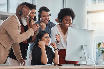 Image showing Team goals, happy people or call center with success in celebration for target, winning bonus or achievements. Excited group of consultants, sales agents or friends with support, motivation or pride