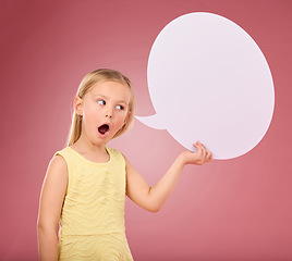 Image showing Speech bubble, shock and portrait of child on pink background for news, announcement and opinion. Speaking, talking mockup and girl with surprise face and poster, banner and billboard space in studio