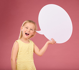 Image showing Speech bubble, smile and portrait of child on pink background for news, announcement and opinion. Speaking, talking mockup and happy girl with empty poster, banner and billboard space in studio