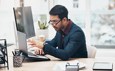 Image showing Laptop, bank administration and man reading finance spreadsheet, online banking payroll or financial accounting. Bookkeeping software, budget analysis gesture and consultant problem solving system