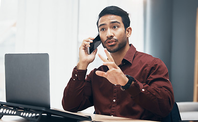 Image showing Phone call, conversation and business man talking, chat or consulting with ecommerce contact. Communication, e commerce and office person, consultant or manager talking, speaking or in discussion