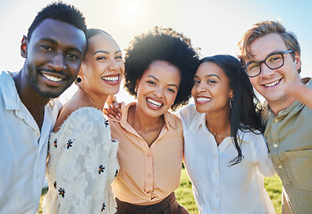 Image showing Friends, diversity and bonding hug in park, nature environment or sustainability garden for profile picture, travel fun or summer holiday. Portrait, smile and happy men, women and people on vacation