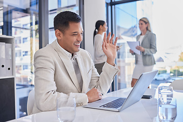 Image showing Video meeting, business man and wave in a digital conference on a office computer. Communication, happiness and businessman talking and greeting in a work training consultation at a web company