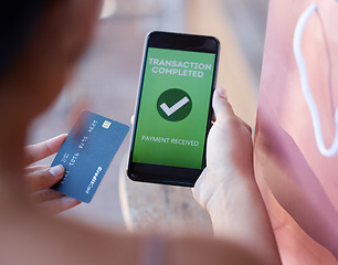 Image showing Online shopping, credit card and person with a phone for a payment, finance and transaction. Ecommerce, purchase and woman on app after finishing paying for a product, banking or spending on a mobile