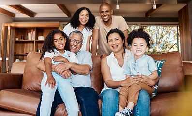 Image showing Black family, living room hug and portrait of a mother, father and kids on a couch with happiness. Happy, parent love and support of girl laughing in a home together with a smile in a house