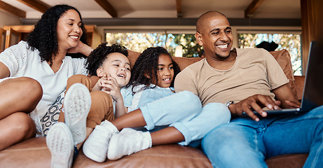 Image showing Laptop, happy family and children for online video, movies or cartoon on couch and streaming service, learning or relax. Biracial mother, father and kids watch film or show on computer and home sofa