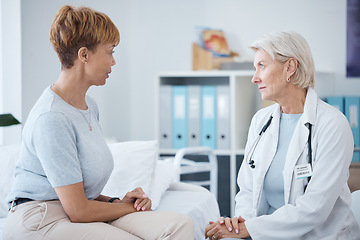 Image showing Doctor consulting woman patient for healthcare, clinic services and advice for wellness, therapy and results. Medical worker talking to client for help, surgery support and professional consultation