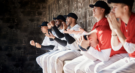 Image showing Happy baseball winner, sport or team in celebration of fun game victory, competition success or goals together. Winning homerun, sad loss or softball players excited for teamwork in dugout by losers