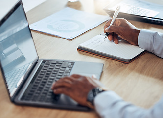 Image showing Man, laptop and hands writing notes for business schedule, office administration and reminder. Closeup worker, computer planning and notebook of ideas, information and strategy planner at table