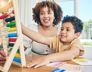 Image showing Learning, abacus and education with mother with son study for home schooling, kindergarten and tutor. Teaching, child development and lesson with black woman and child for colorful, math or creative