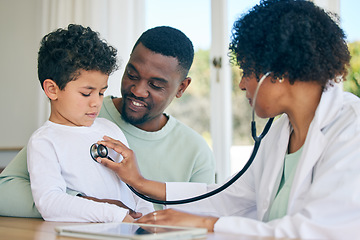 Image showing African dad, child and woman doctor with stethoscope in doctors office for health checkup on heart, lungs and breathing. Black man, son and pediatrician in healthcare checking kids asthma symptoms.