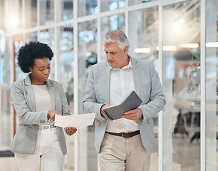 Image showing Bookkeeping, business people or team discussion of budget, financial quote, receipt or invoice information check. Work manager, black woman or accountant partner talking of finance or document advice