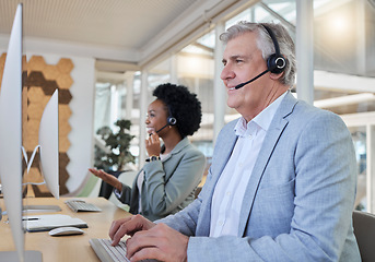 Image showing Crm, smile and call center employees at computer in coworking space with senior man with black woman. Office, consulting team and diversity at online advisory agency happy consultant at crm help desk