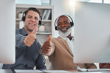 Image showing Diversity, thumbs up portrait success at call center with online consulting in communications office. Yes agreement, friends or consultants with happy smile or like sign in customer services company