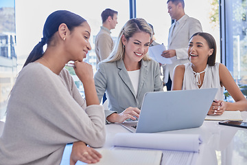 Image showing Laptop, business meeting and women teamwork, planning or office workflow management on company software. Diversity people or employees in workspace for digital brainstorming, talking or collaboration