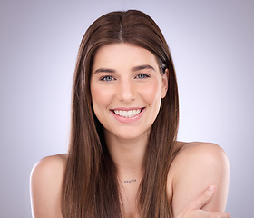 Image showing Beauty, face portrait and hair care of a woman in studio isolated on a background. Makeup cosmetics, growth and happy female model with salon treatment for healthy keratin, balayage and hairstyle.