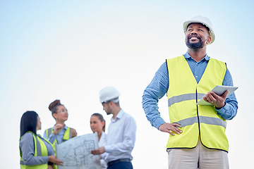 Image showing Black man or engineering manager outdoor planning, thinking of construction job or project management. Digital tablet, blueprint and leadership of architecture contractor or person on blue sky mockup