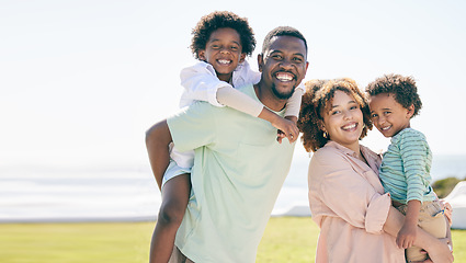 Image showing Smile, happy and portrait of a black family at beach for travel, vacation and piggyback on nature mockup. Relax, face and trip with children and parents embrace and bond while traveling in Cuba