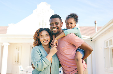 Image showing Black family, portrait smile and hug for real estate, new home or property together in the outdoors. Happy mother and father with daughter on piggyback smiling for mortgage, house loan or investment