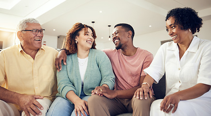 Image showing Family, parents and couple relax and happy on a sofa or couch in a living room in a home or house bonding. Laughing, joyful and senior people on retirement enjoying quality time together