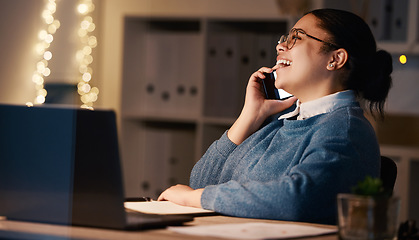 Image showing Business woman, phone call and laughing in office at night, chatting or speaking to contact. Bokeh, overtime or happy female employee with mobile smartphone for funny conversation or comic discussion