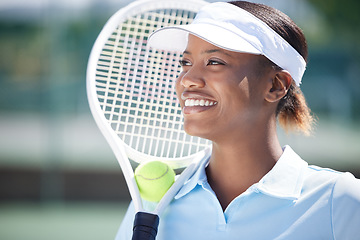 Image showing Tennis, face or smile of black woman on court ready for match, game or sports competition in summer. Fitness, girl or happy, proud confident female athlete in Nigeria preparing for training workout