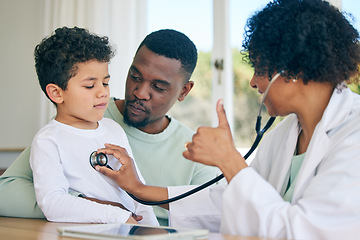 Image showing African dad, pediatrician with stethoscope and child in doctors office for health checkup on heart, lungs and breathing. Black man, son and woman doctor with thumbs up or good results in healthcare.